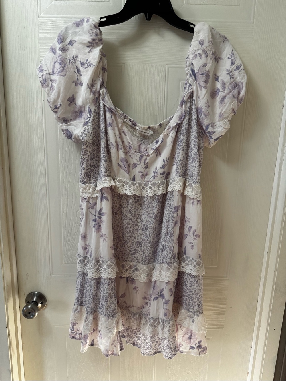 Altar'd State White and Lavender Floral Puff-Sleeve Dress